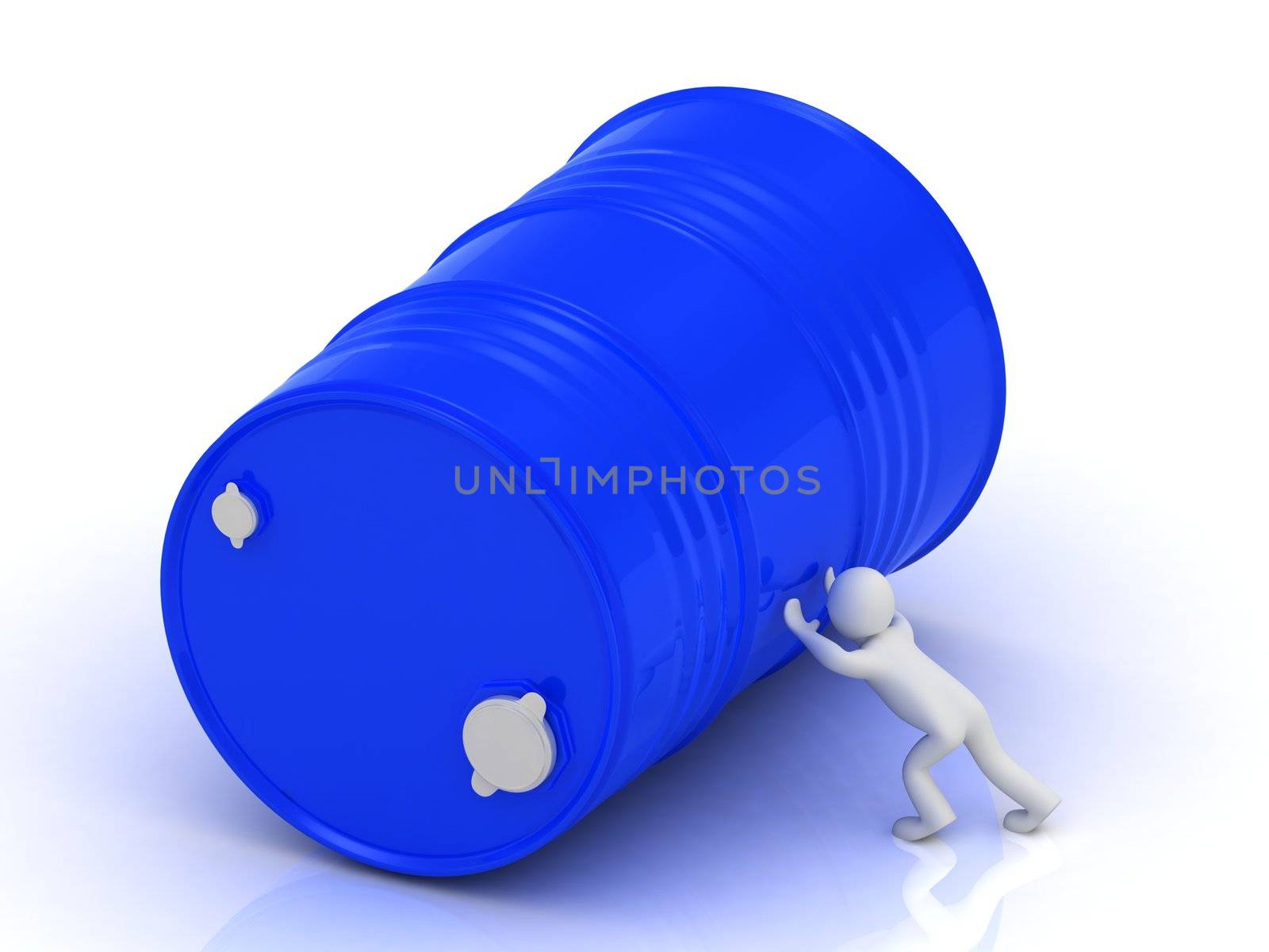 3D man pushing a large metal oil barrel. Illustration isolated on white background