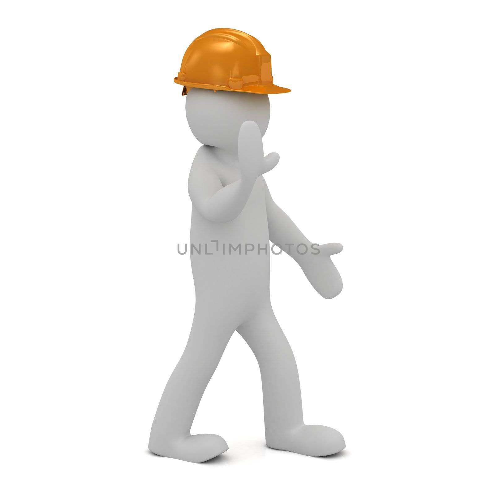 3D man in helmet (Little Human Character) shows a hand that everyone needs to stop