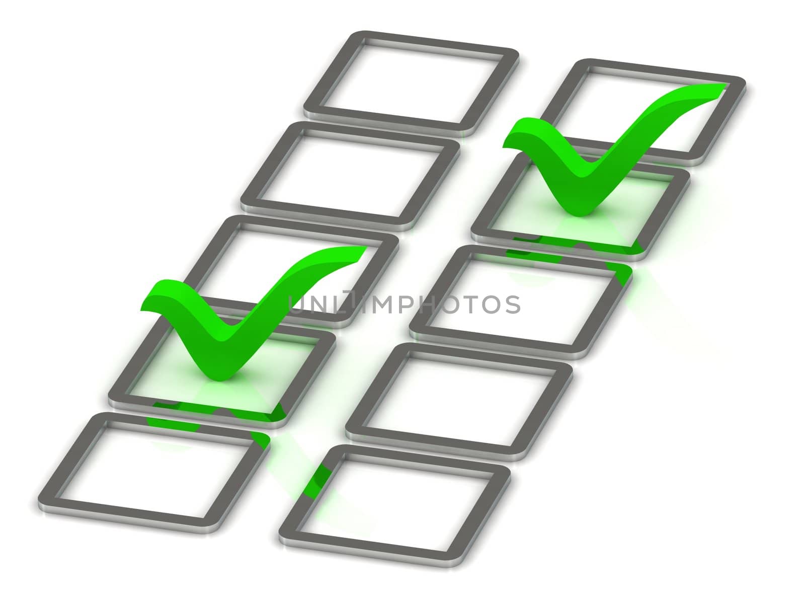 3d illustration of 2 green check mark in silver box over white background