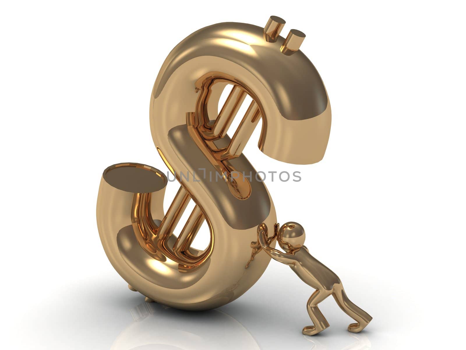 3D little gold man lifts drop a big gold dollar on a white background