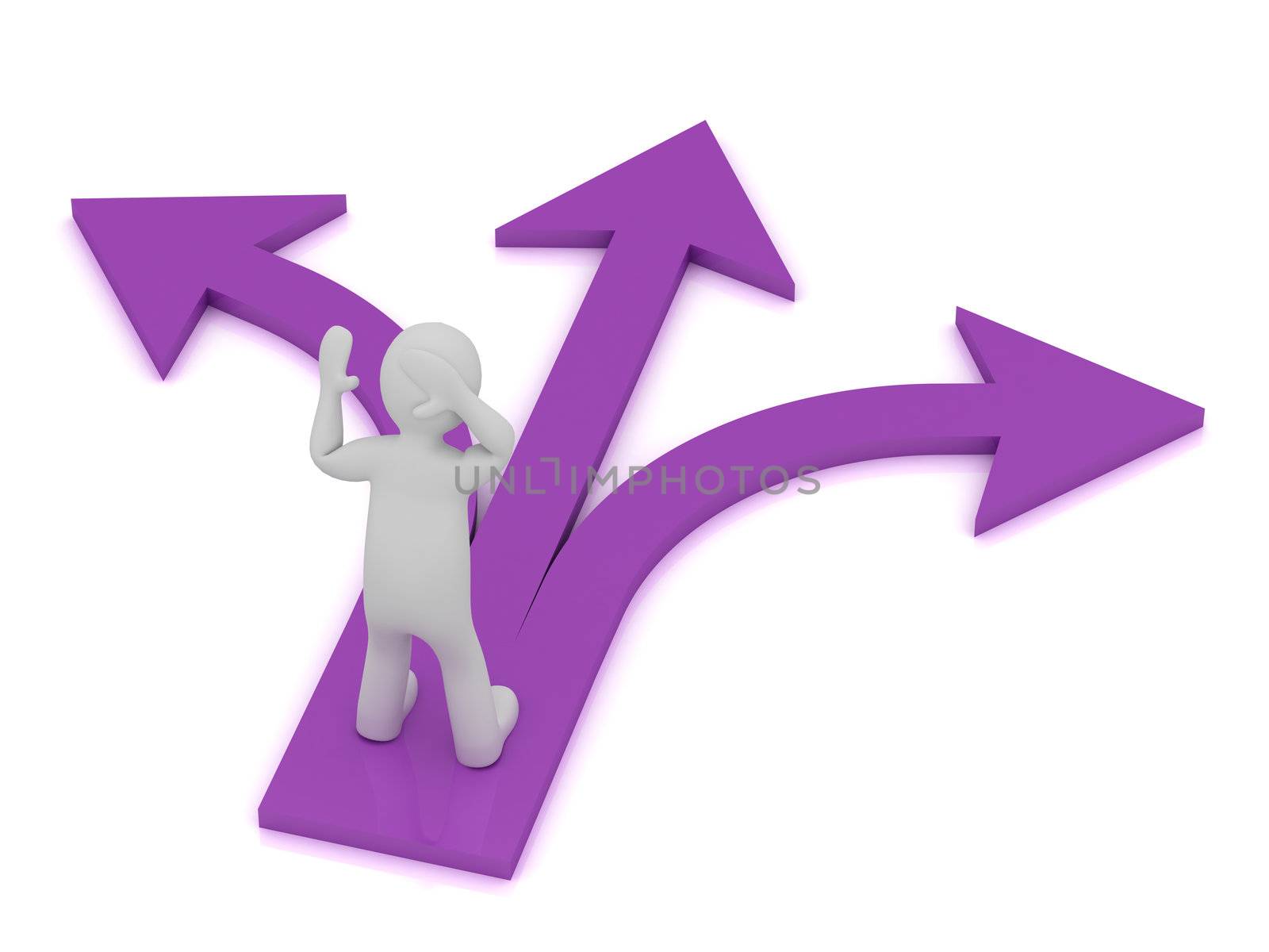 3D small Human Character at the intersection of three purple arrows on white background
