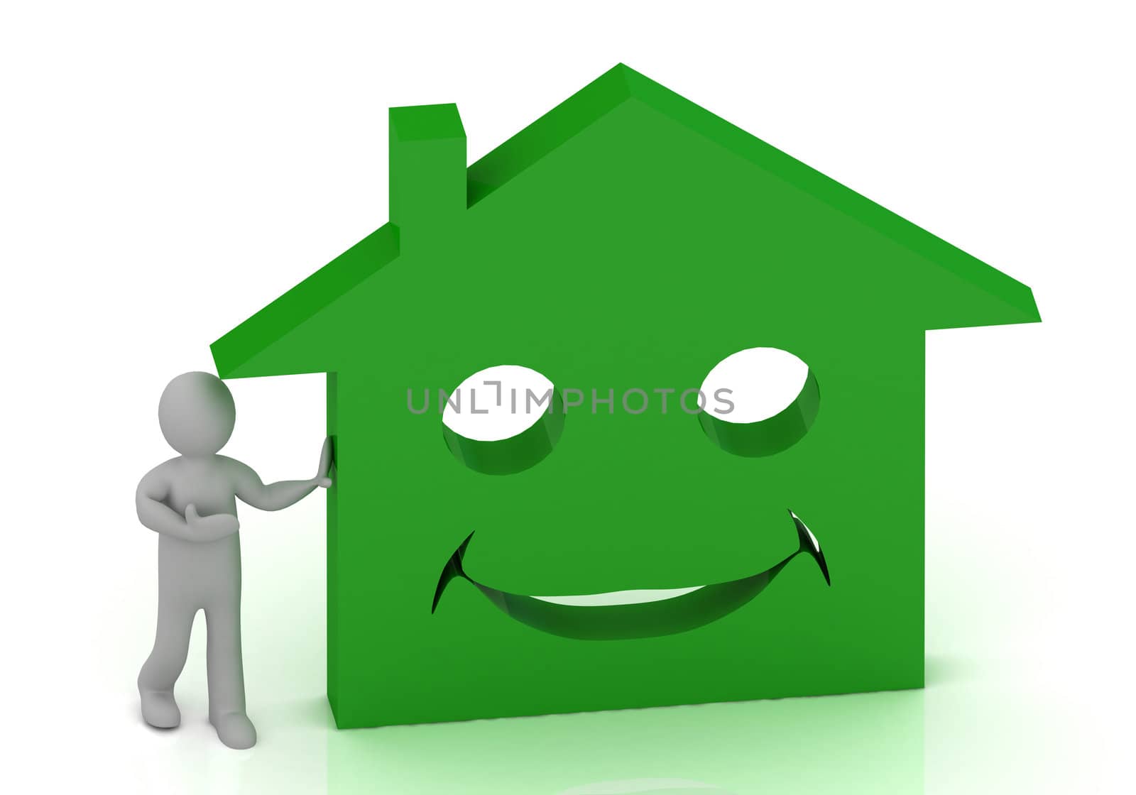 3D Little man invites his smiling green house. Abstract 3D illustration on white background