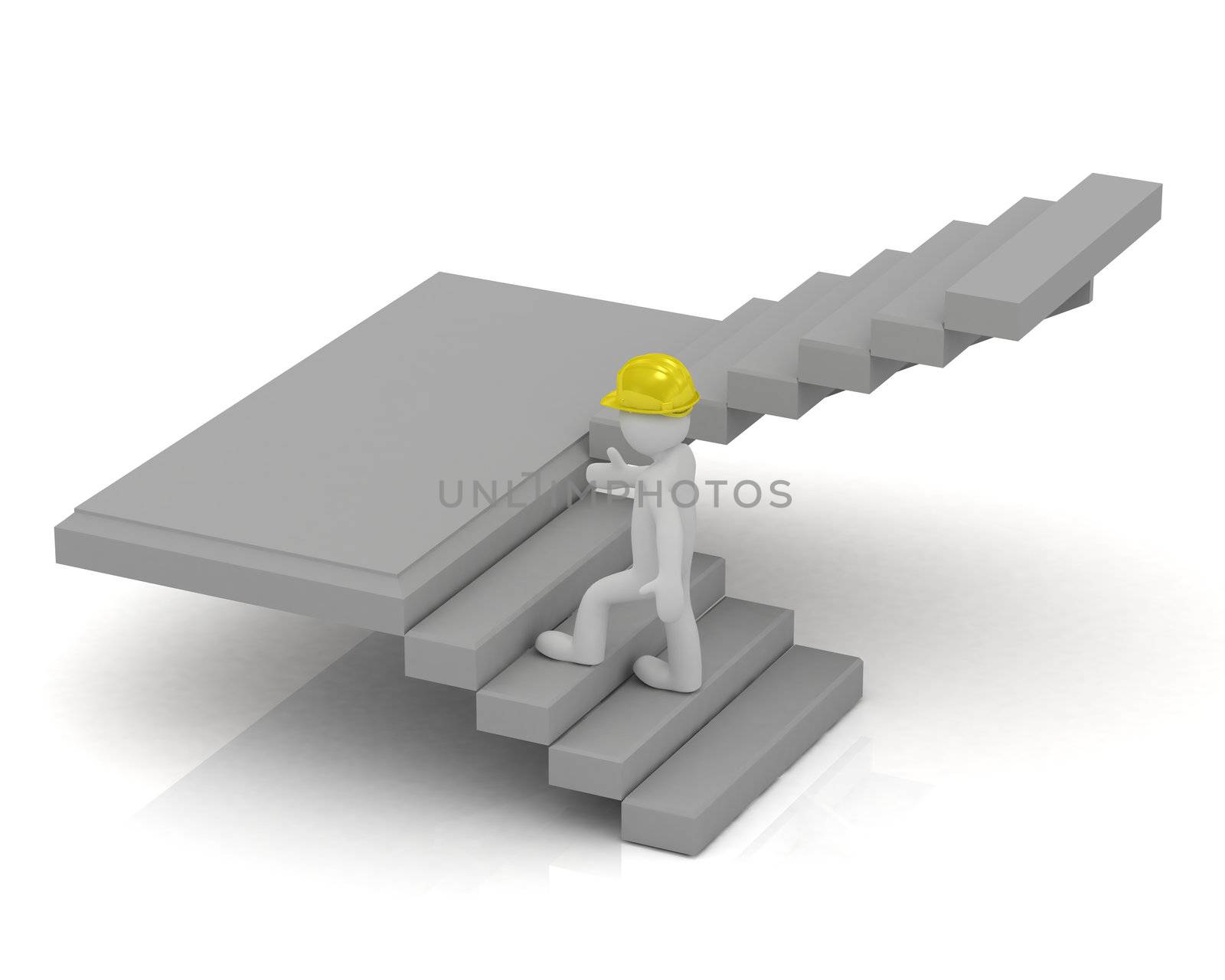 3D little man in a yellow helmet up the stairs and inspect the construction object