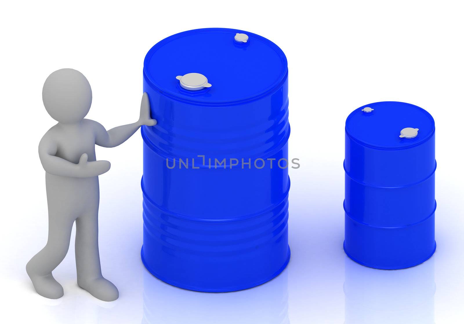 3D little person shows a blue barrel of oil. Abstract illustration on a white background