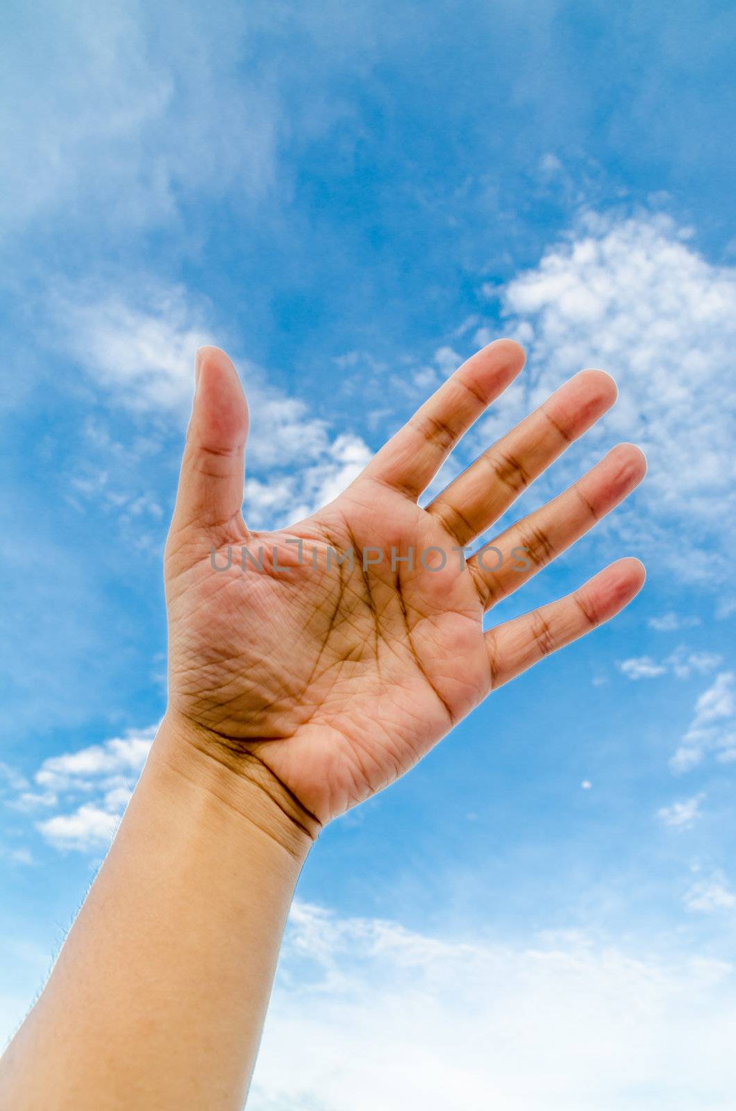 Hand and finger isolated on blue sky