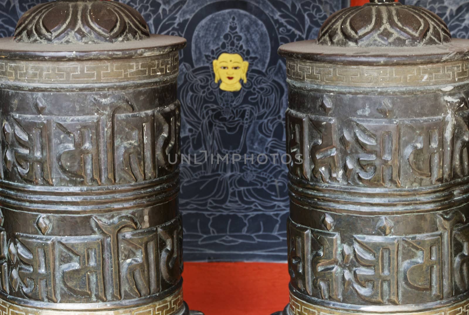 detail of prayer wheels in kathmandu, nepal