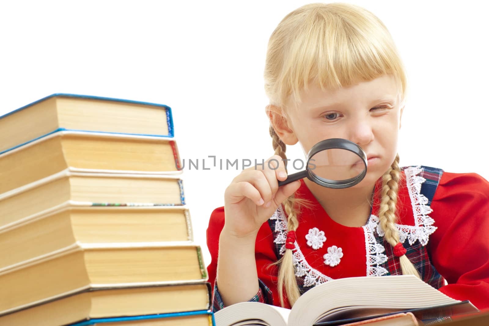 girl reading with loupe by vsurkov