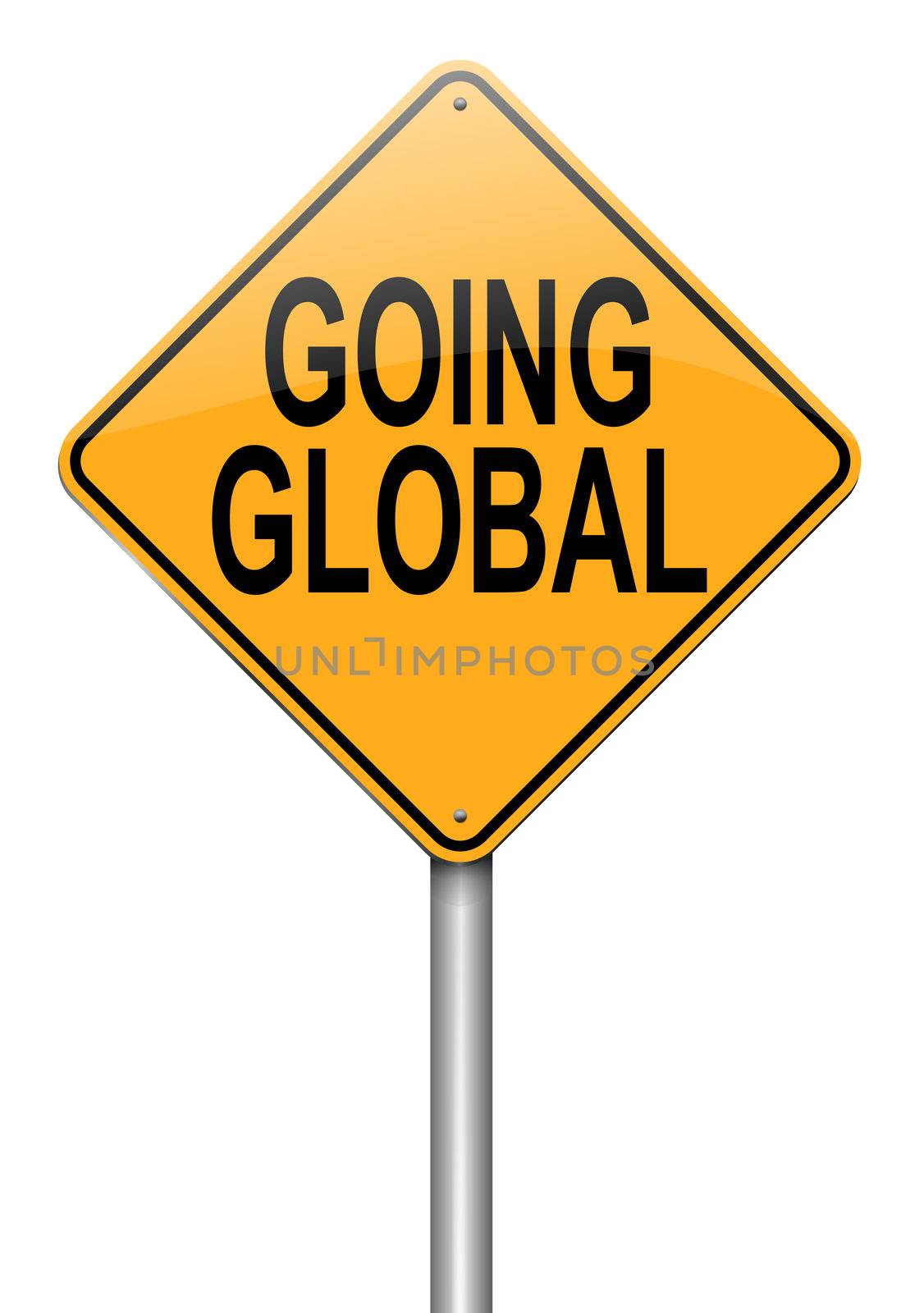 Illustration depicting a roadsign with a going global concept. White background.