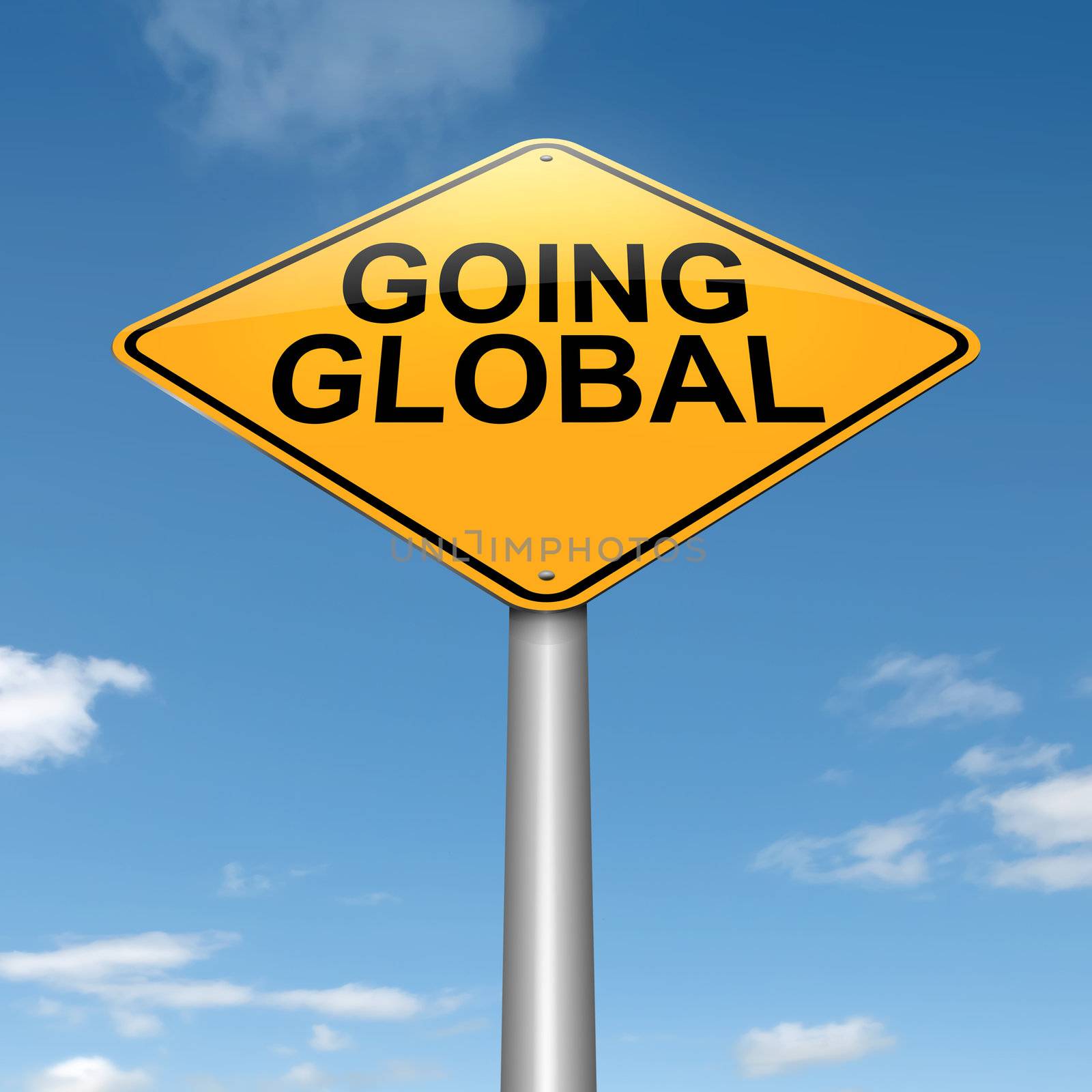 Illustration depicting a roadsign with a going global concept. Sky background.