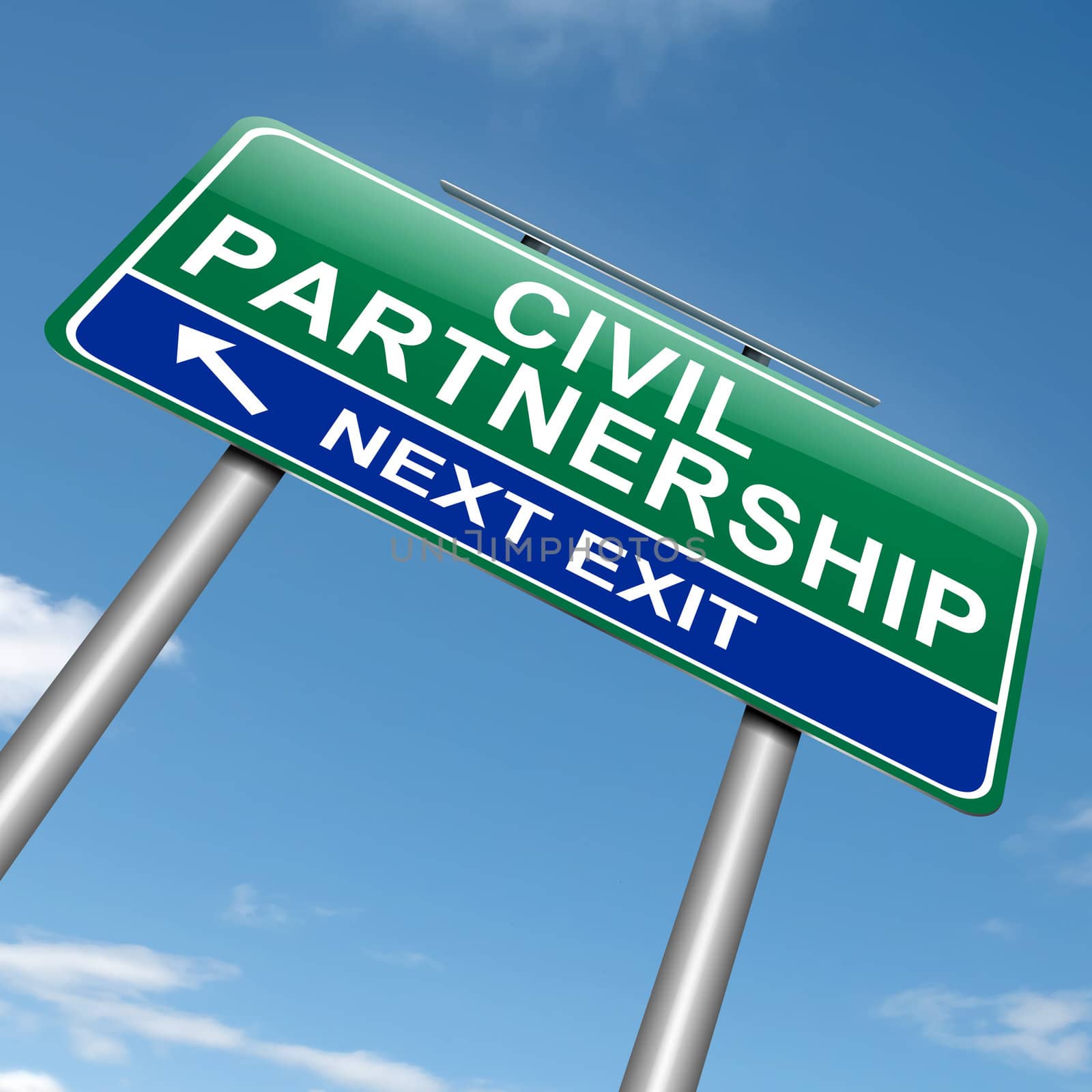 Illustration depicting a roadsign with a civil partnership concept. Sky background.