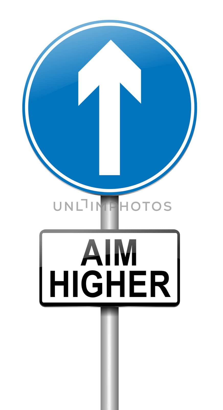Illustration depicting a roadsign with an aim higher concept. White background.