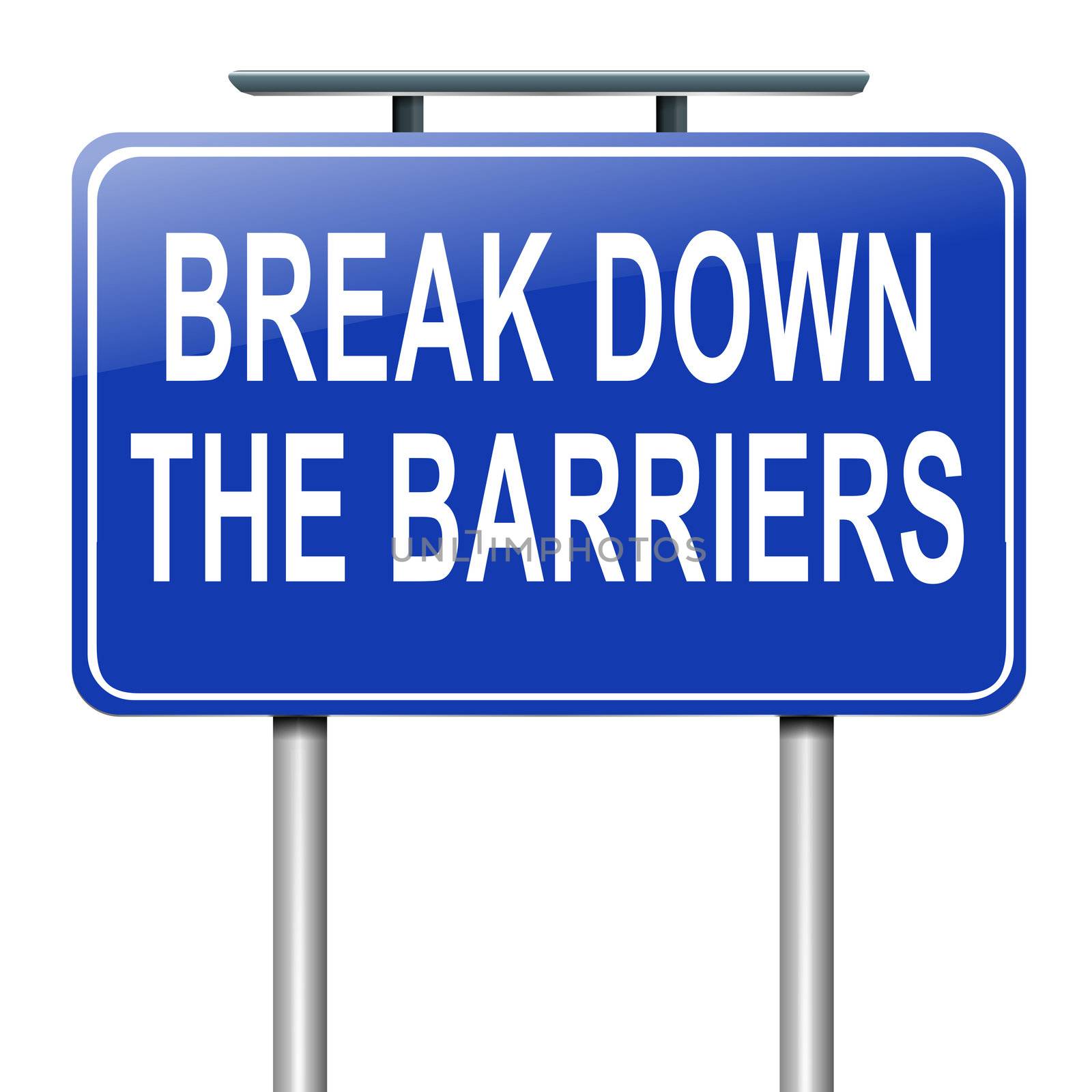 Illustration depicting a roadsign with a break down the barriers concept. White background.