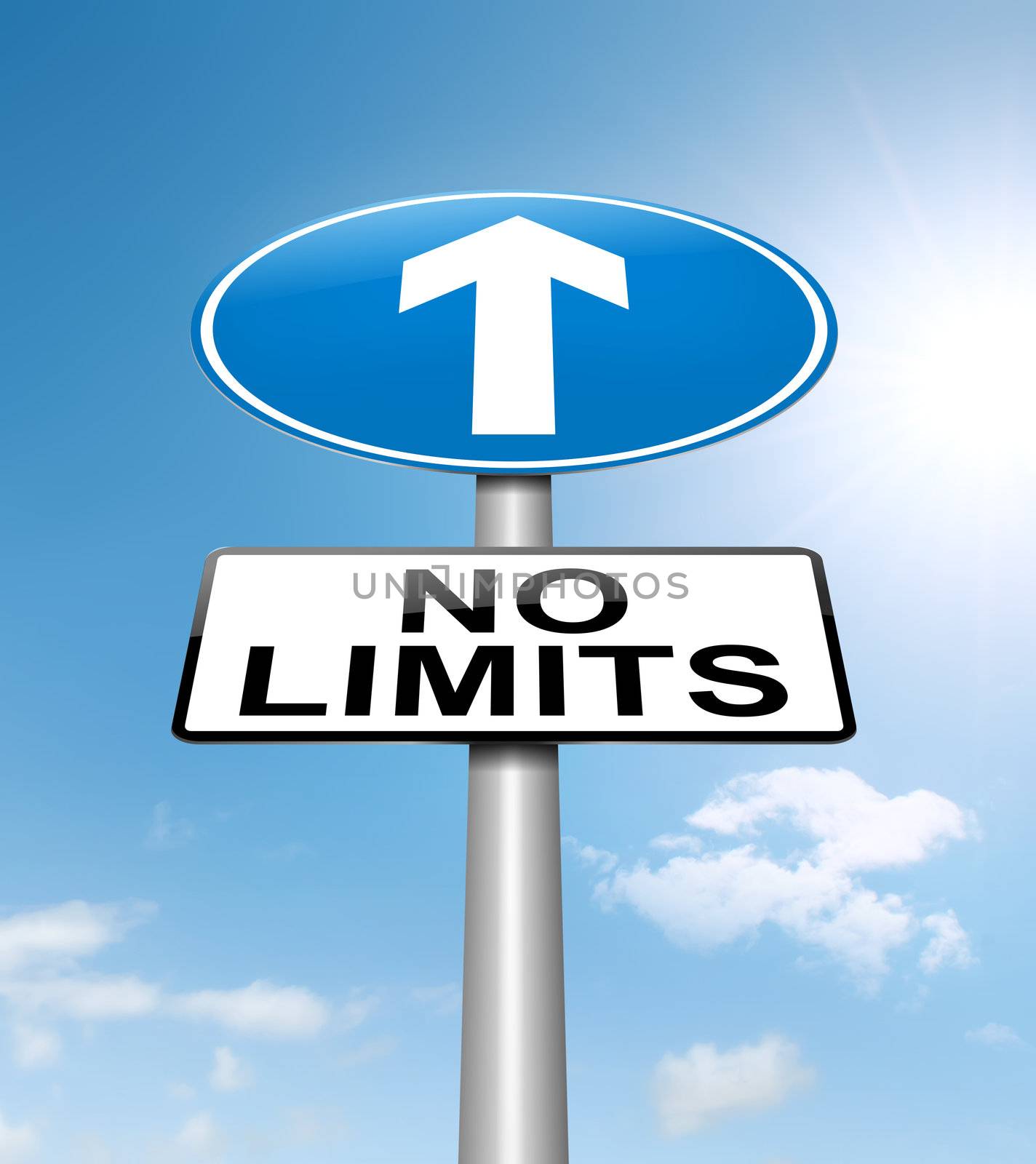 Illustration depicting a roadsign with a no limits concept. Sky background.