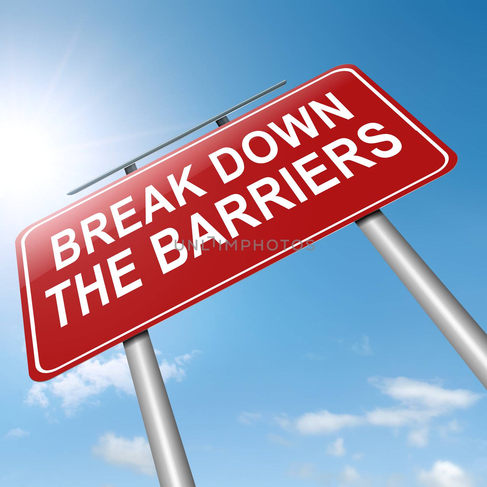 Illustration depicting a roadsign with a break down the barriers concept. Sky background.