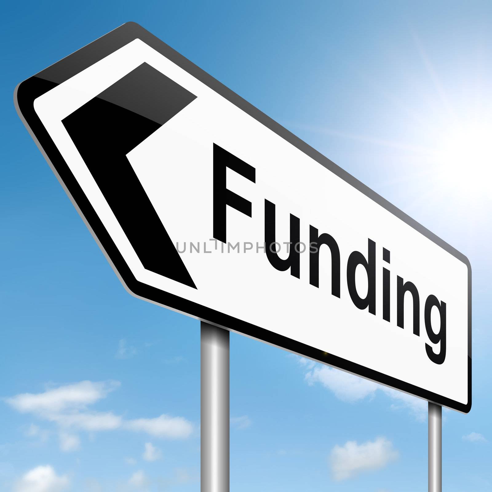 Illustration depicting a roadsign with a funding concept. Sky background.