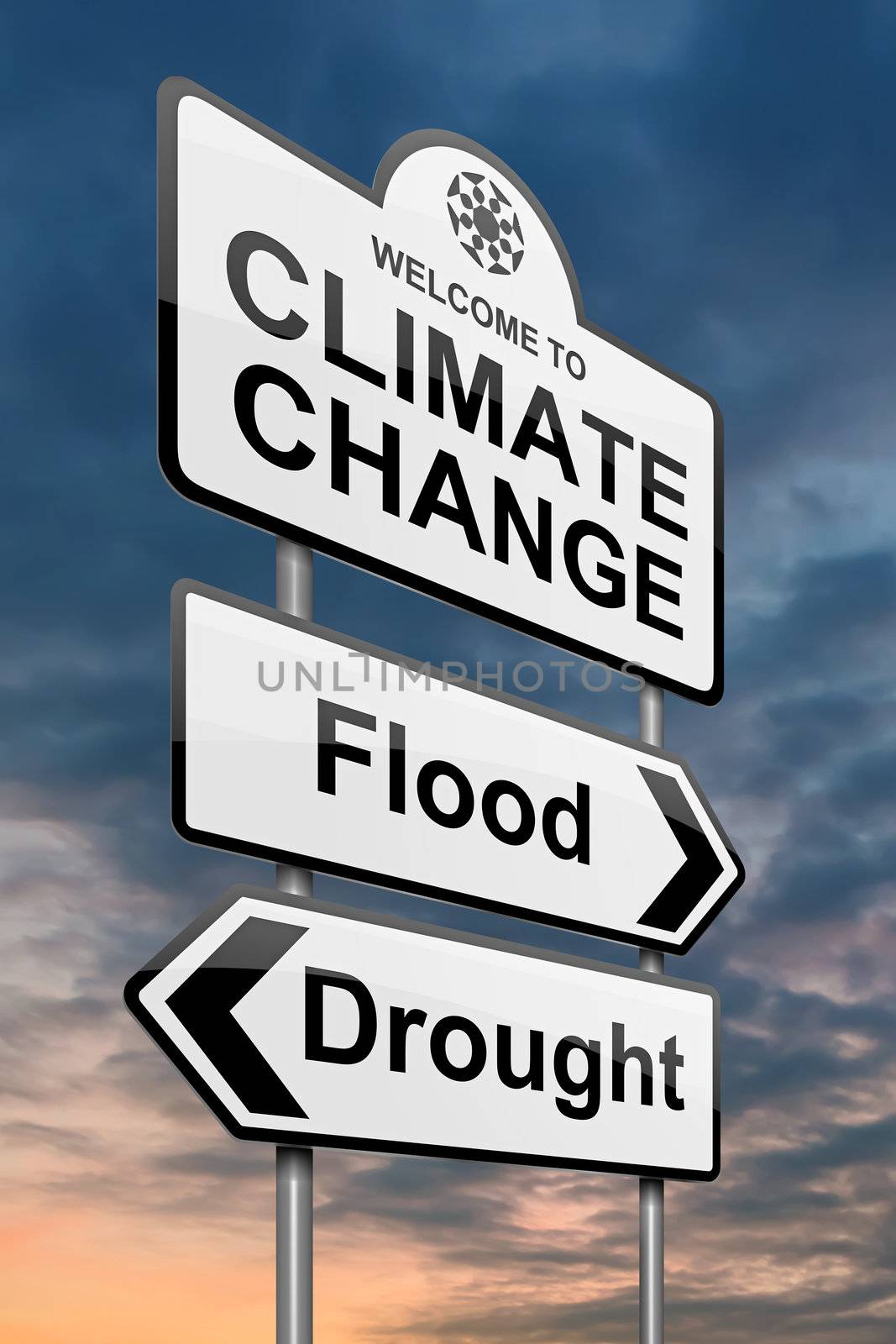 Illustration depicting a roadsign with a climate change concept. Sky background.