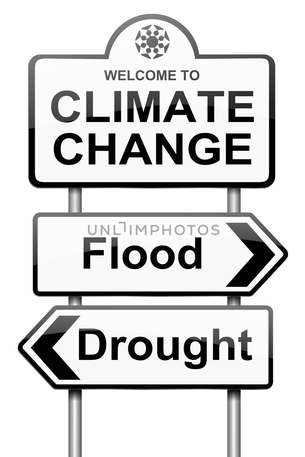 Illustration depicting a roadsign with a climate change concept. White background.