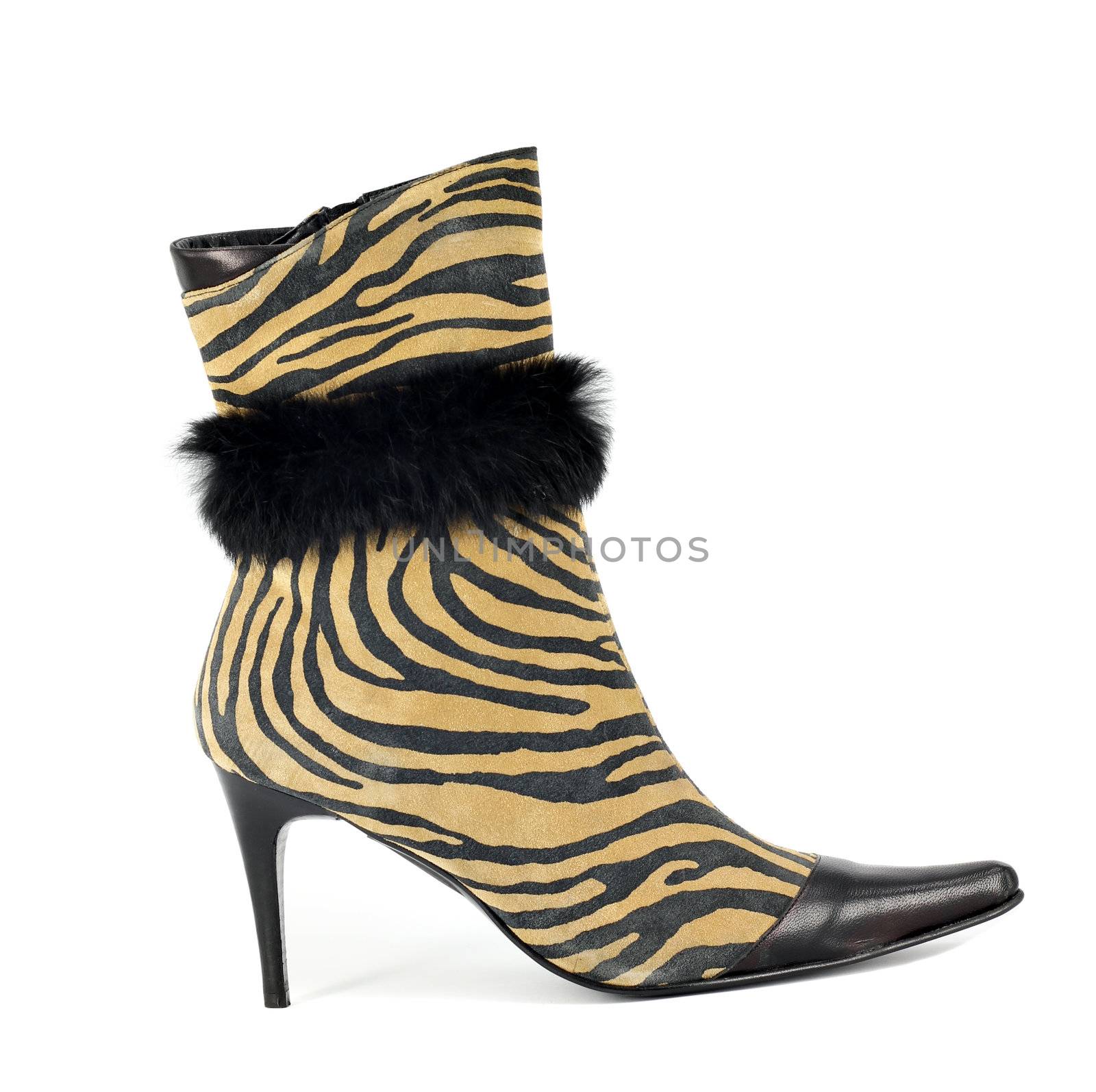 women boot with tiger stripes on white