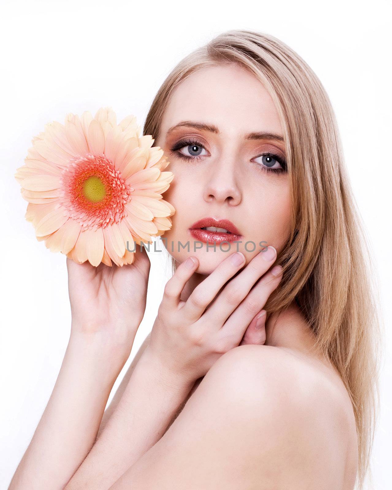 Skincare of young beautiful woman face against white background