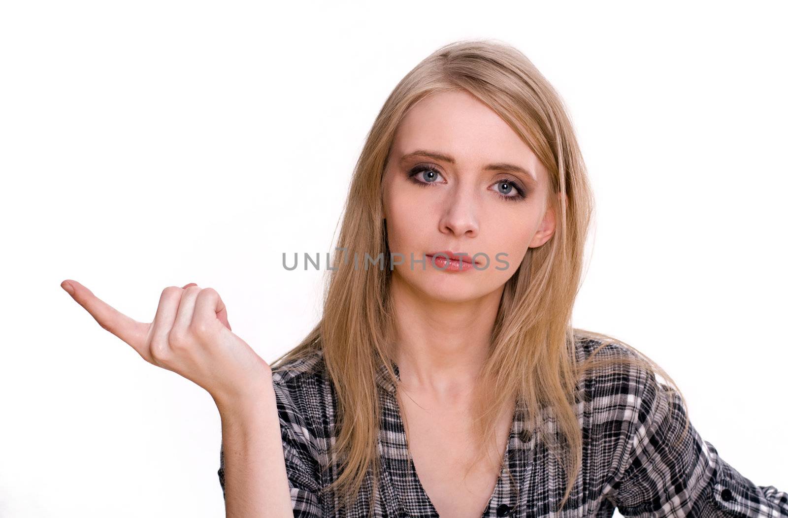 Young attractive woman scolding with gesture of her finger