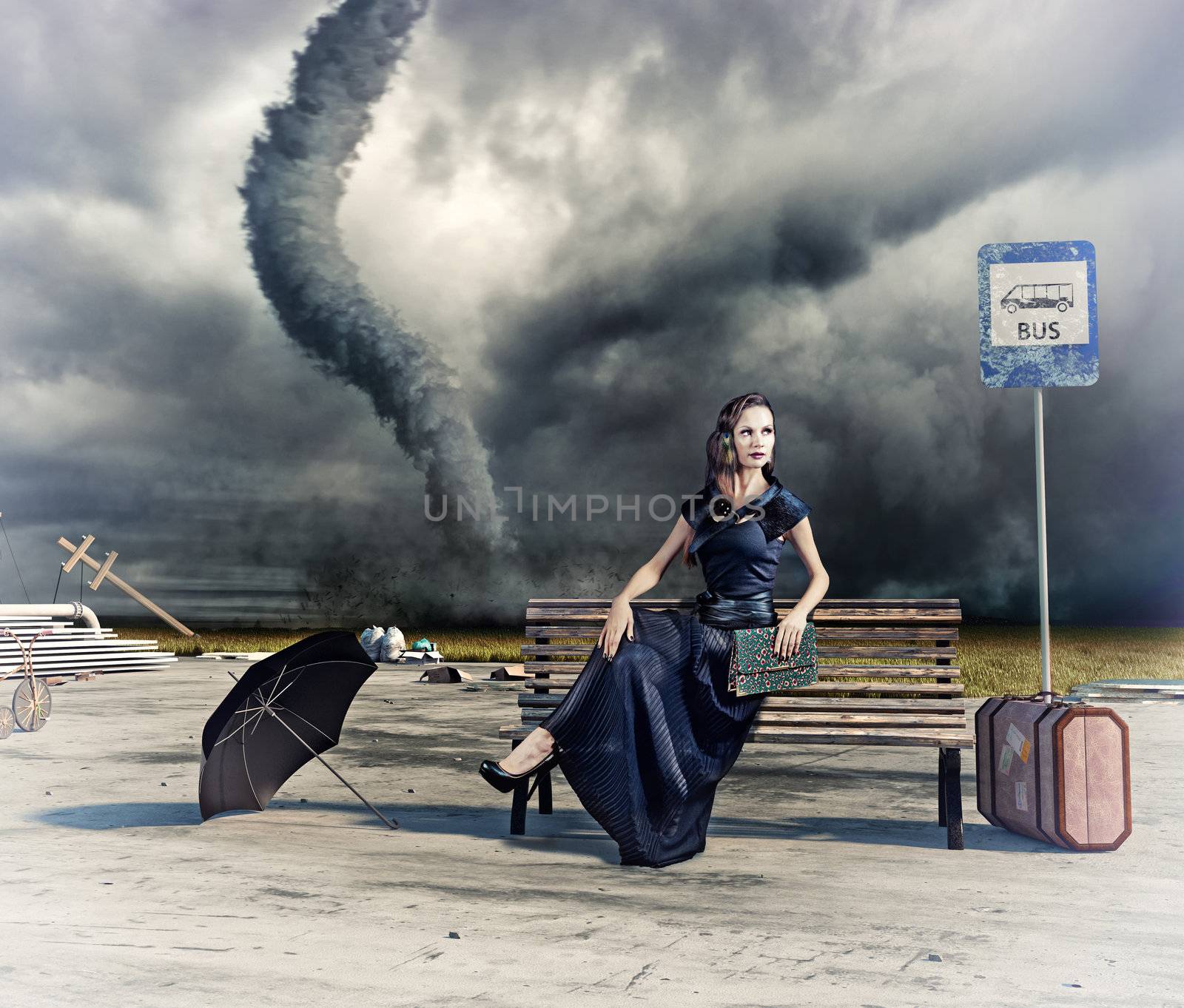 woman,waiting a bus and tornado (photo and hand-drawing elements compilation)