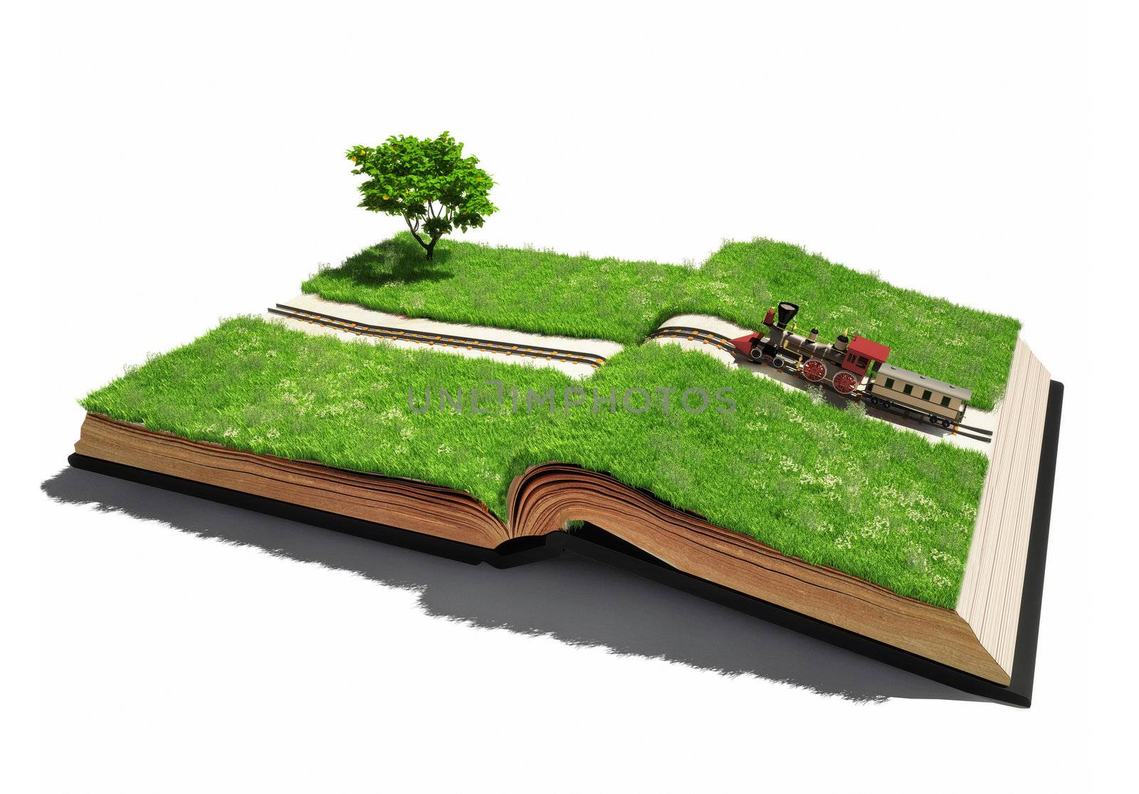 moving train on the open book pages (illustrated concept)
