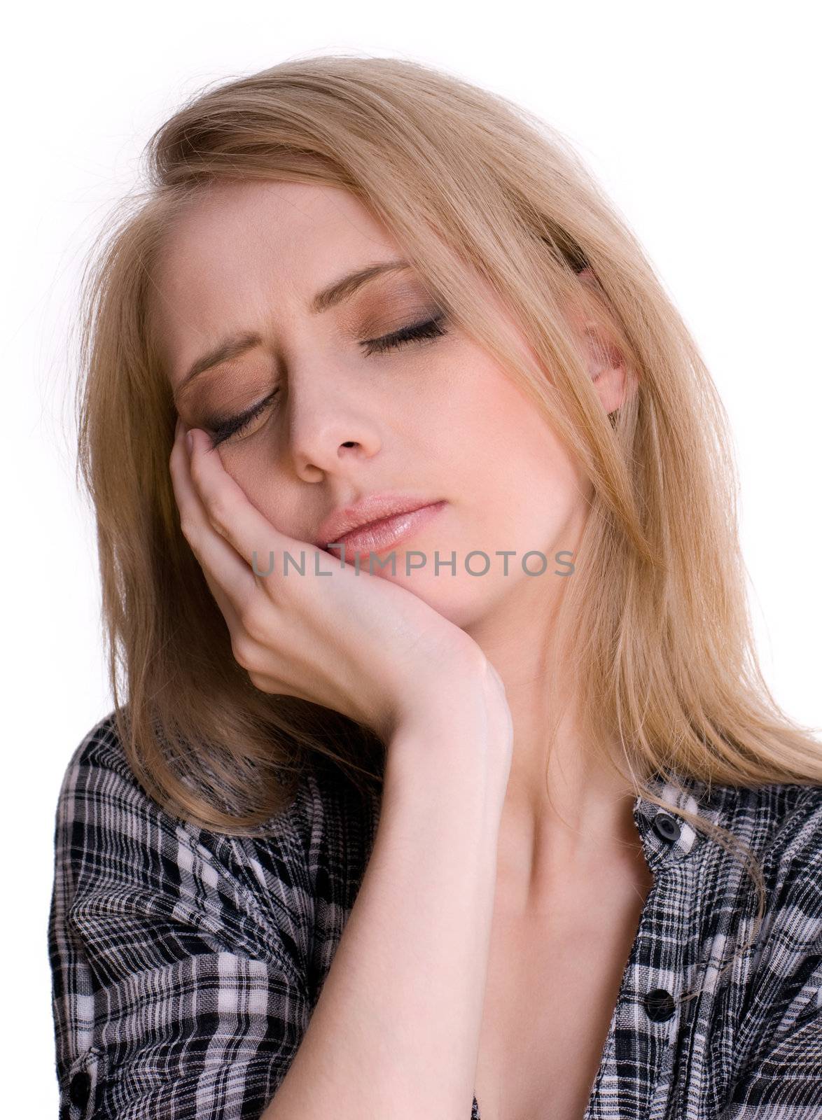 Portrait of a caucasian woman with toothache isolated on white