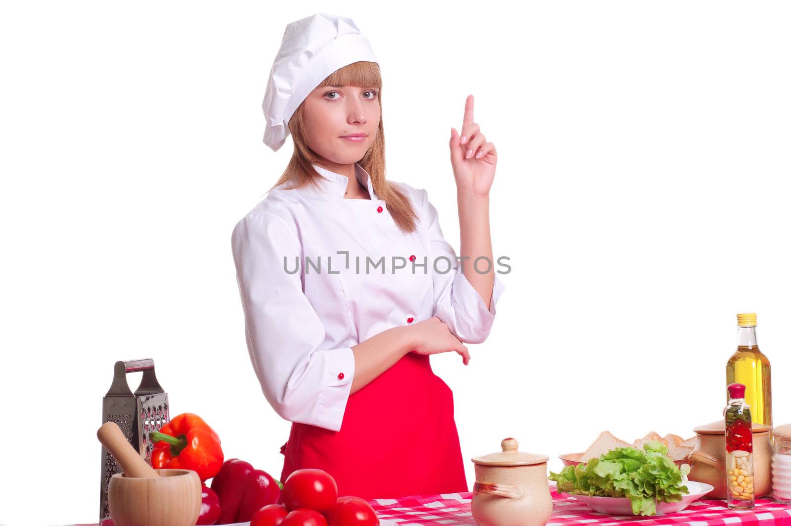 beautiful cook woman finger up and smile
