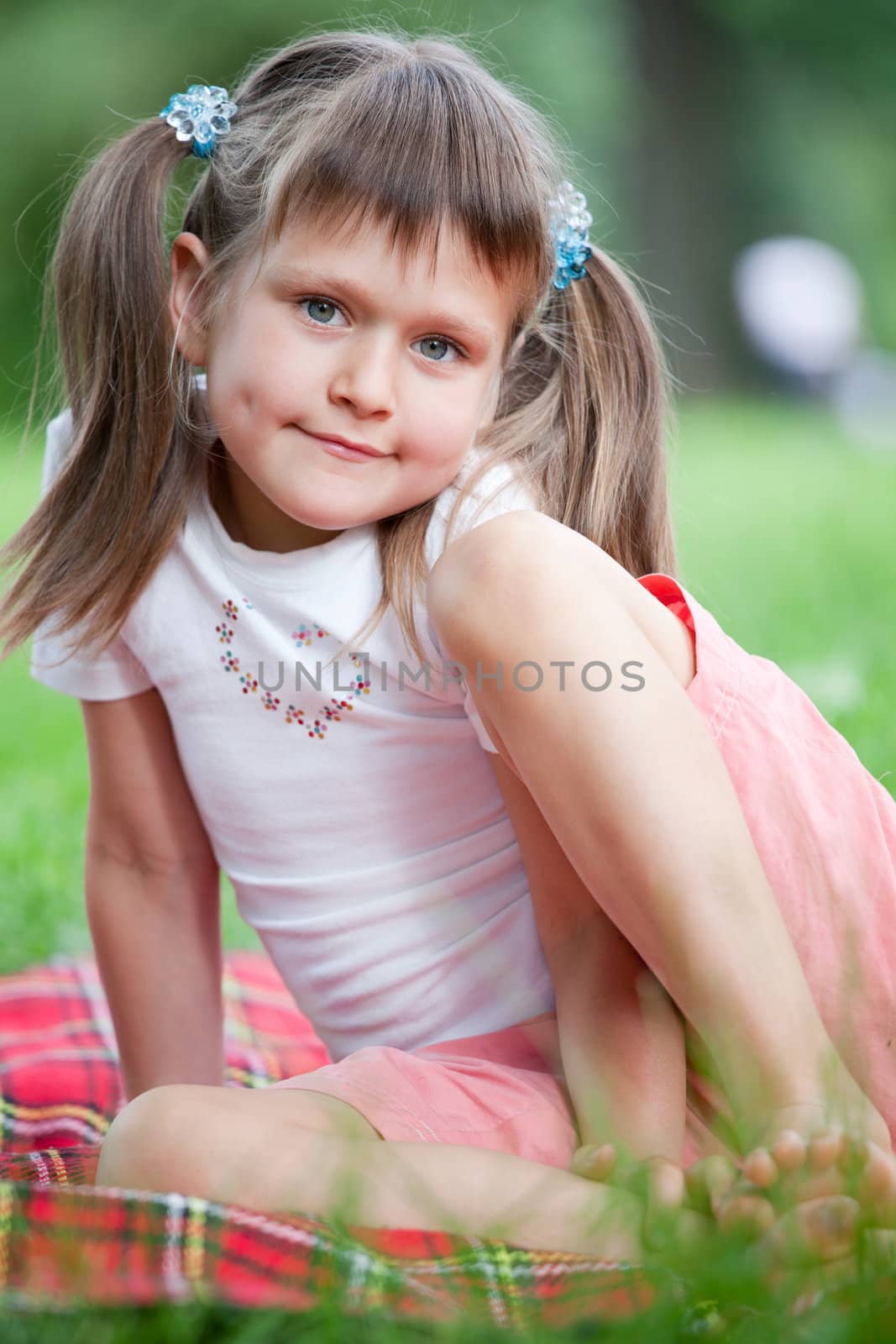 Portrait of little cute blond girl preschooler with ponytails sitting on the red plaid on green grass in summer