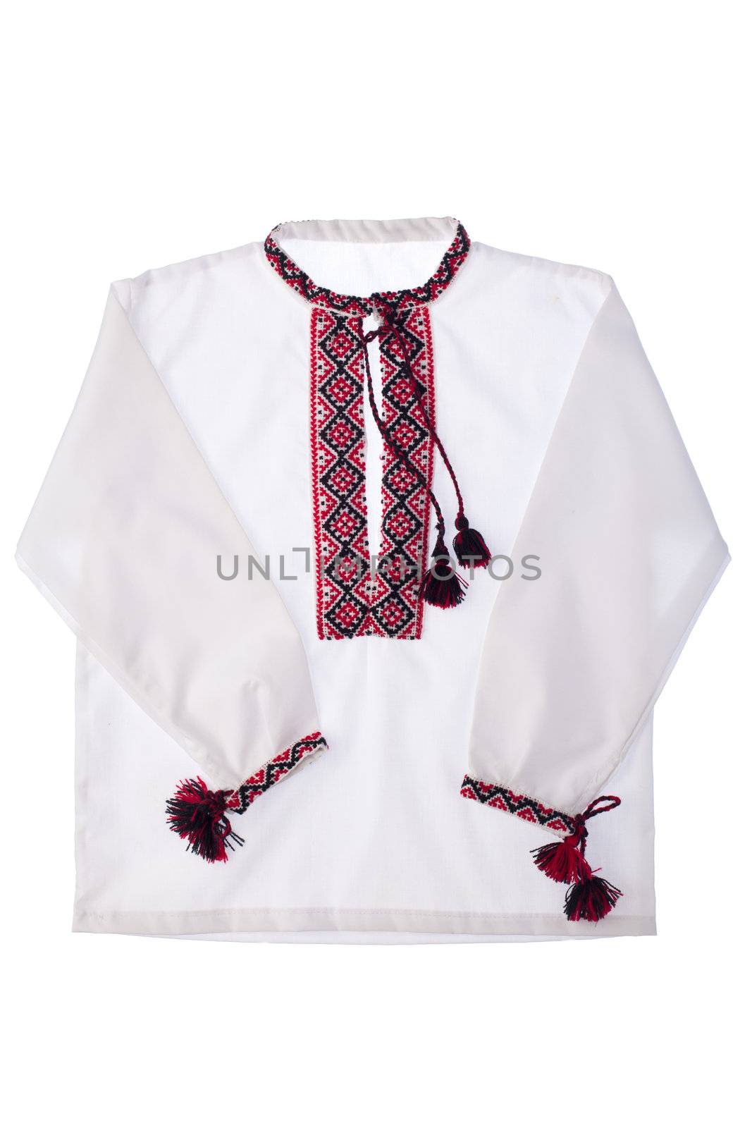 National Ukrainian traditional ornate handicraft symbol embroidery in red cross-stitch handmade white cotton men’s shirt vyshyvanka with ornamental pattern isolated