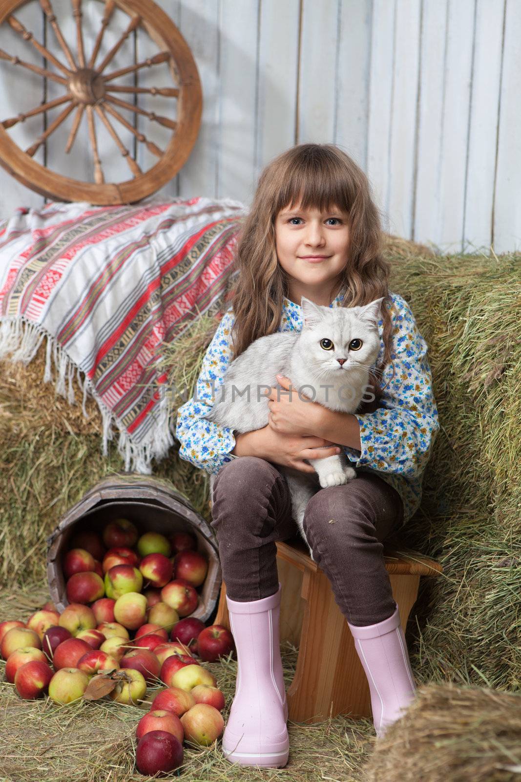 Portrait of friendly little blond girl villager sitting with white cat on hands near stacks of hay, pail of apples in wooden hayloft