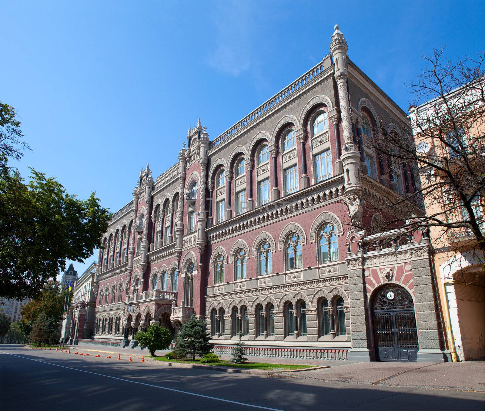 Panoramic view facade of National central bank in governmental district Kyiv Ukraine built Venetian Renaissance style by architect Kobelev