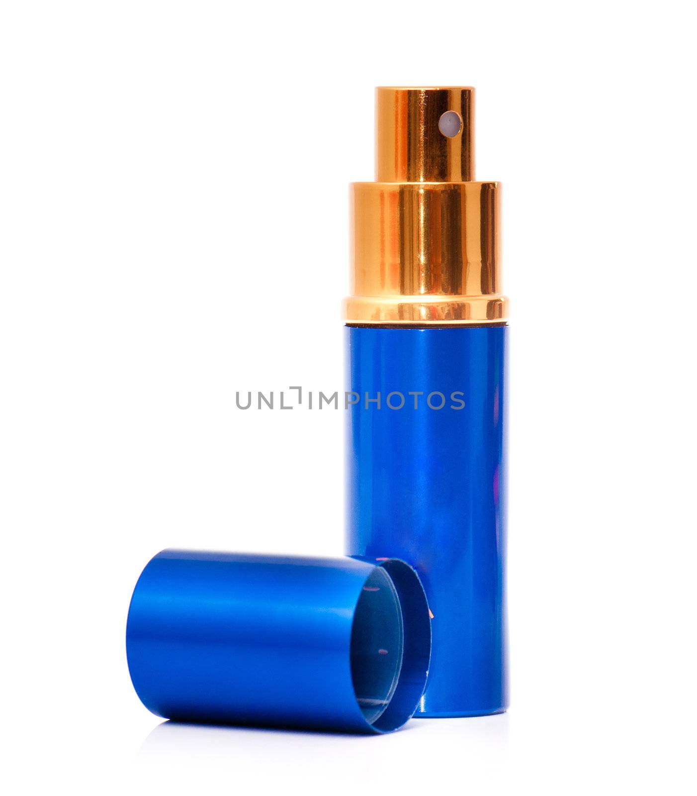 blue  empty glass perfume bottle isolated on a  white backgroung