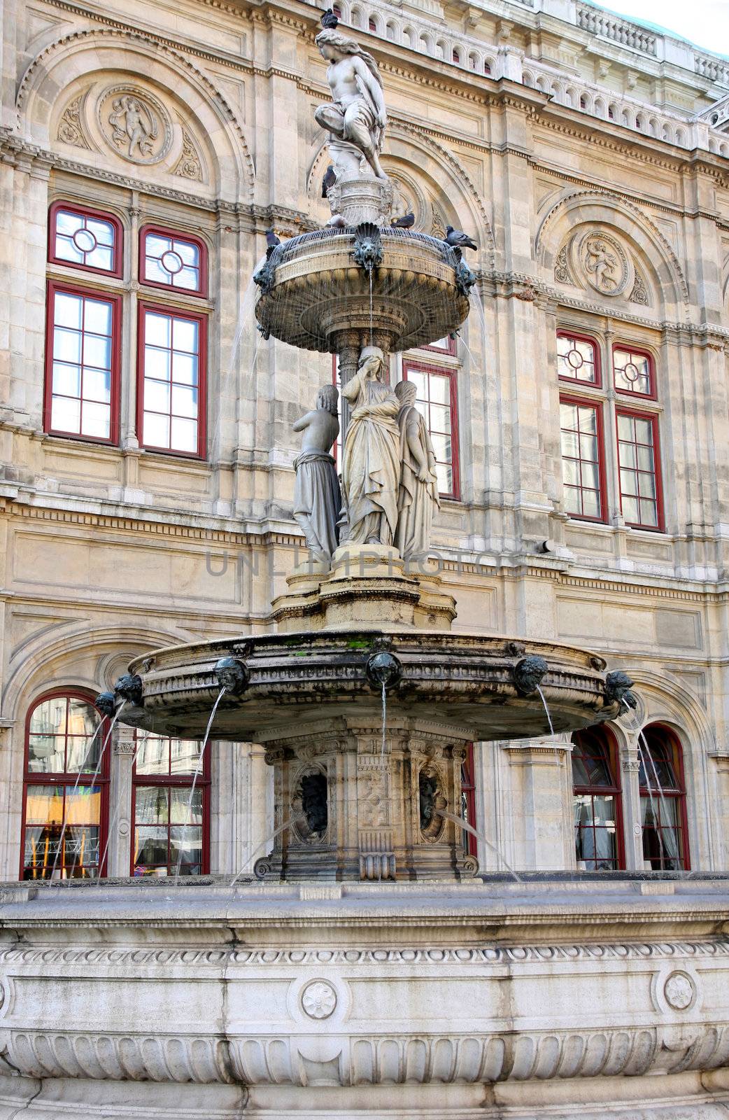 details of water fountain in front of The Vienna Opera house in Vienna, Austria