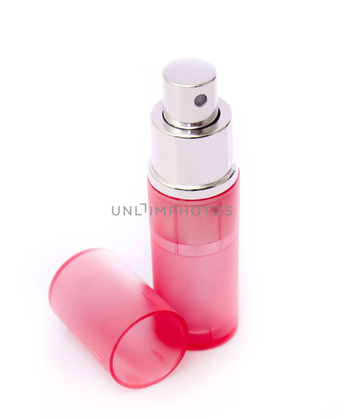 red empty glass perfume bottle over white backgroung