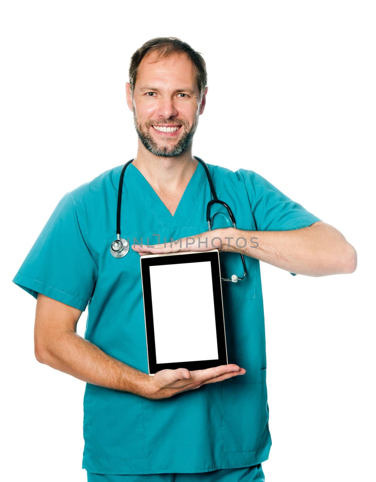 Doctor holding blank digital tablet with copy space vertically