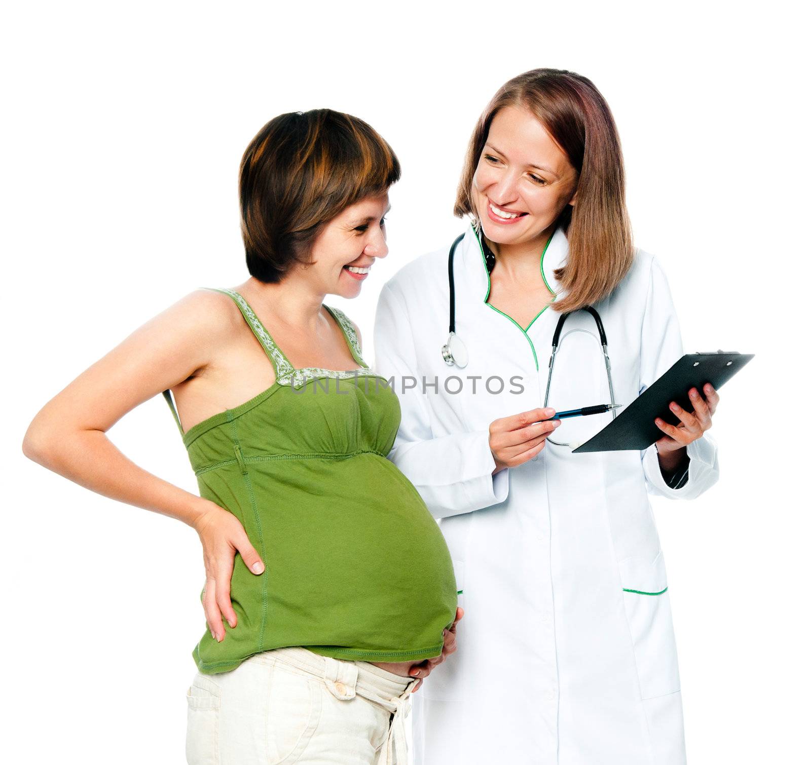 Doctor talks with  pregnant woman on a white