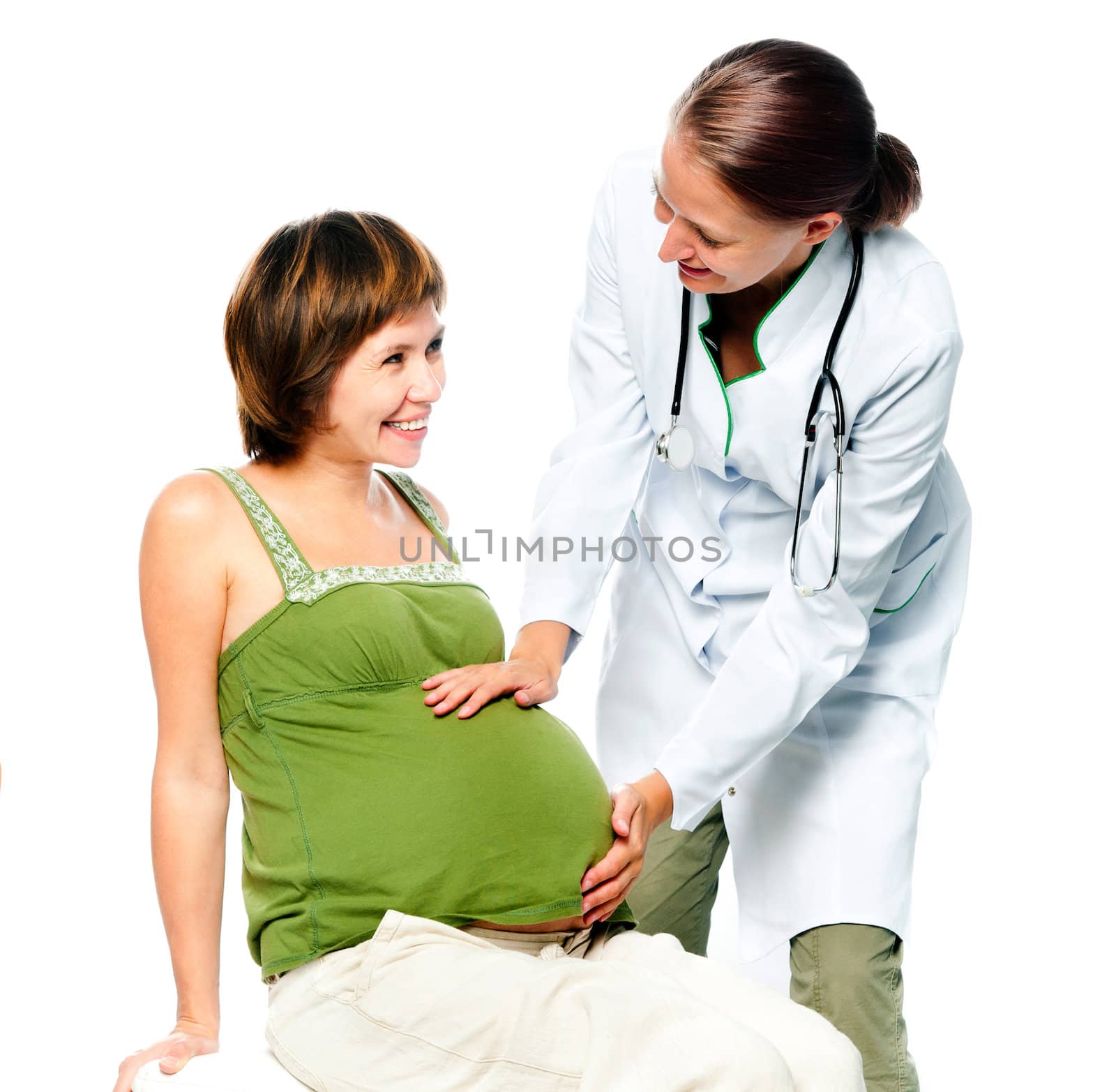 Female Doctor  with  pregnant woman isolated on a white background