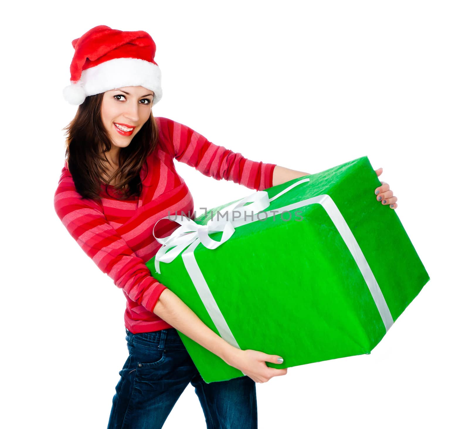 smiling girl in Santa hat with gift on a white background