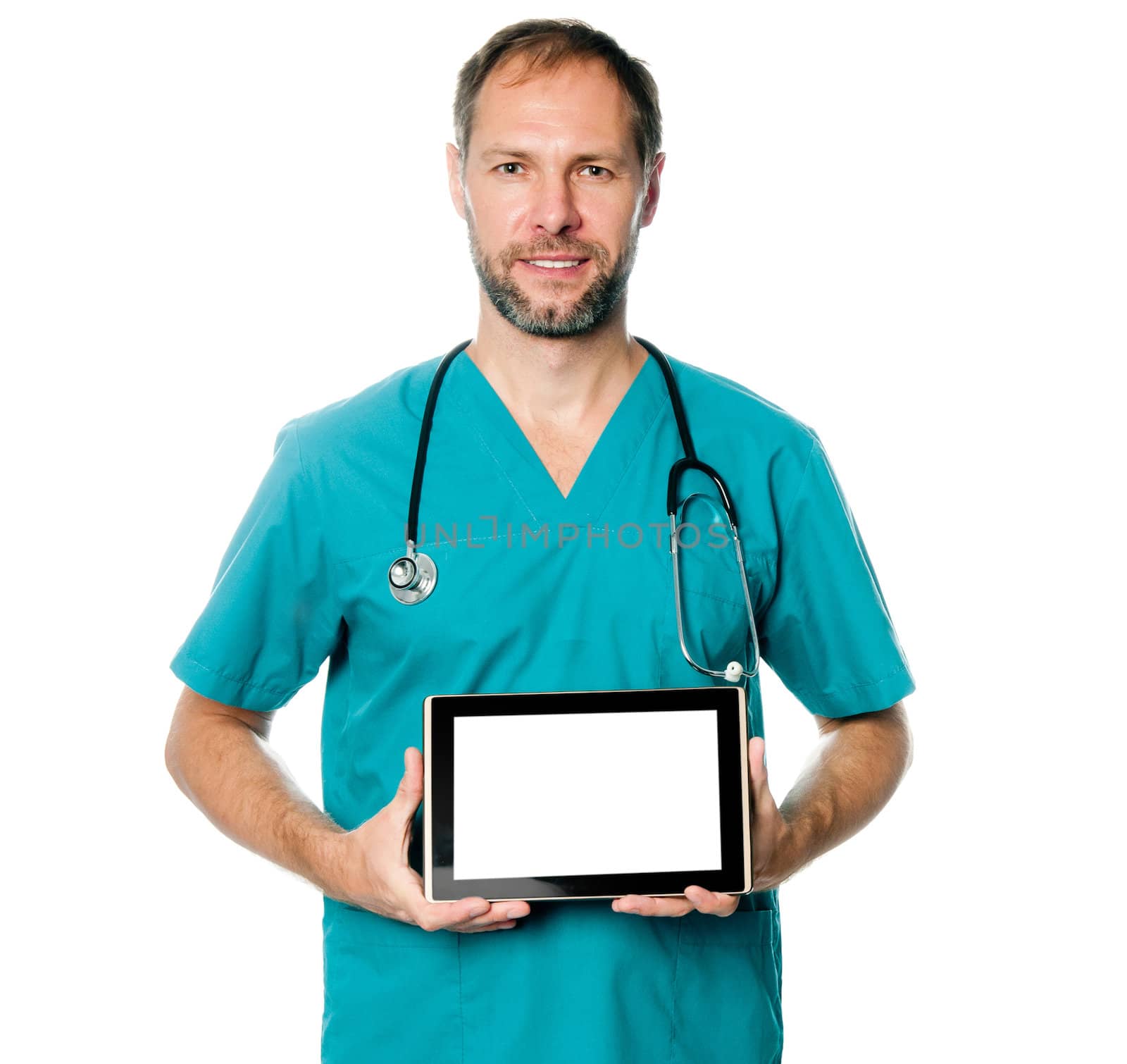 Doctor holding blank digital tablet with copy space horizontally