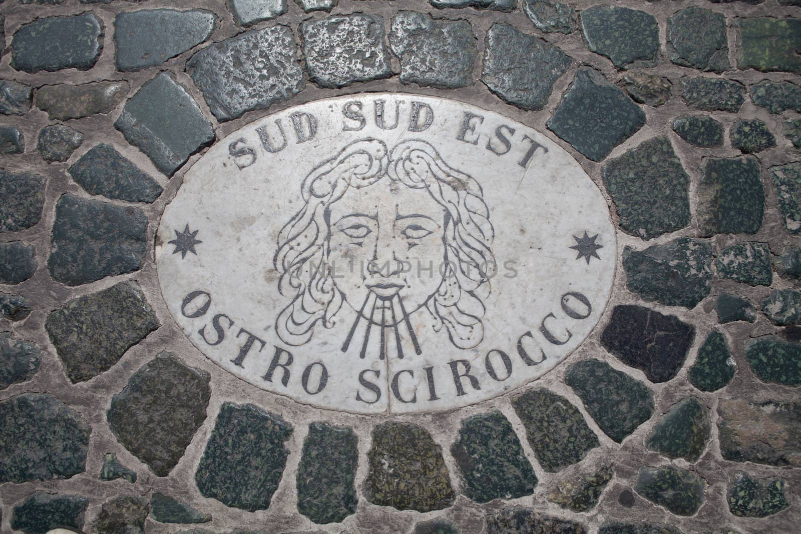 Sign on marble board of wind sud sud est ostro scirocco embedded in granite cobblestone on St. Peter’s square in Vatican Rome Italy