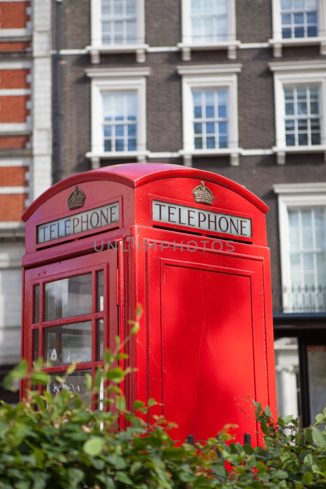 Traditional London symbol red public phone box on green park and residential district background, Great Britain