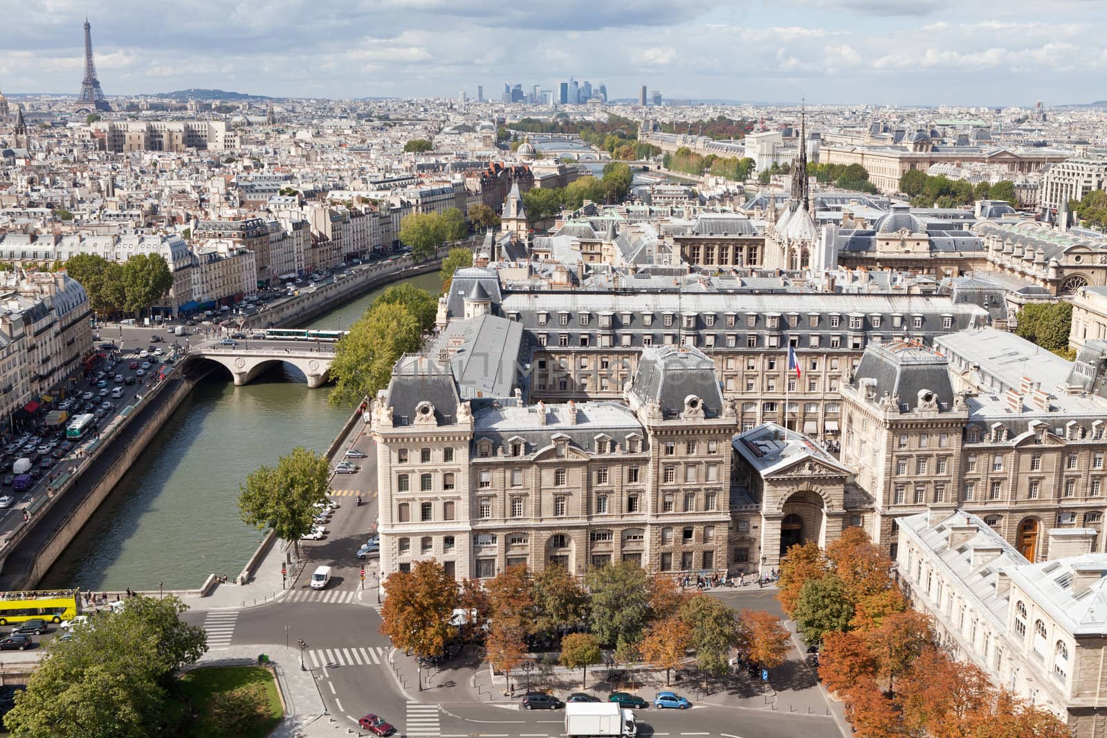 Top view from cathedral Notre Dame on river Seine, bridge Saint Michel and Neuf, roofs, housetops, streets, center, downtown, tower Eiffel in Paris France in autumn