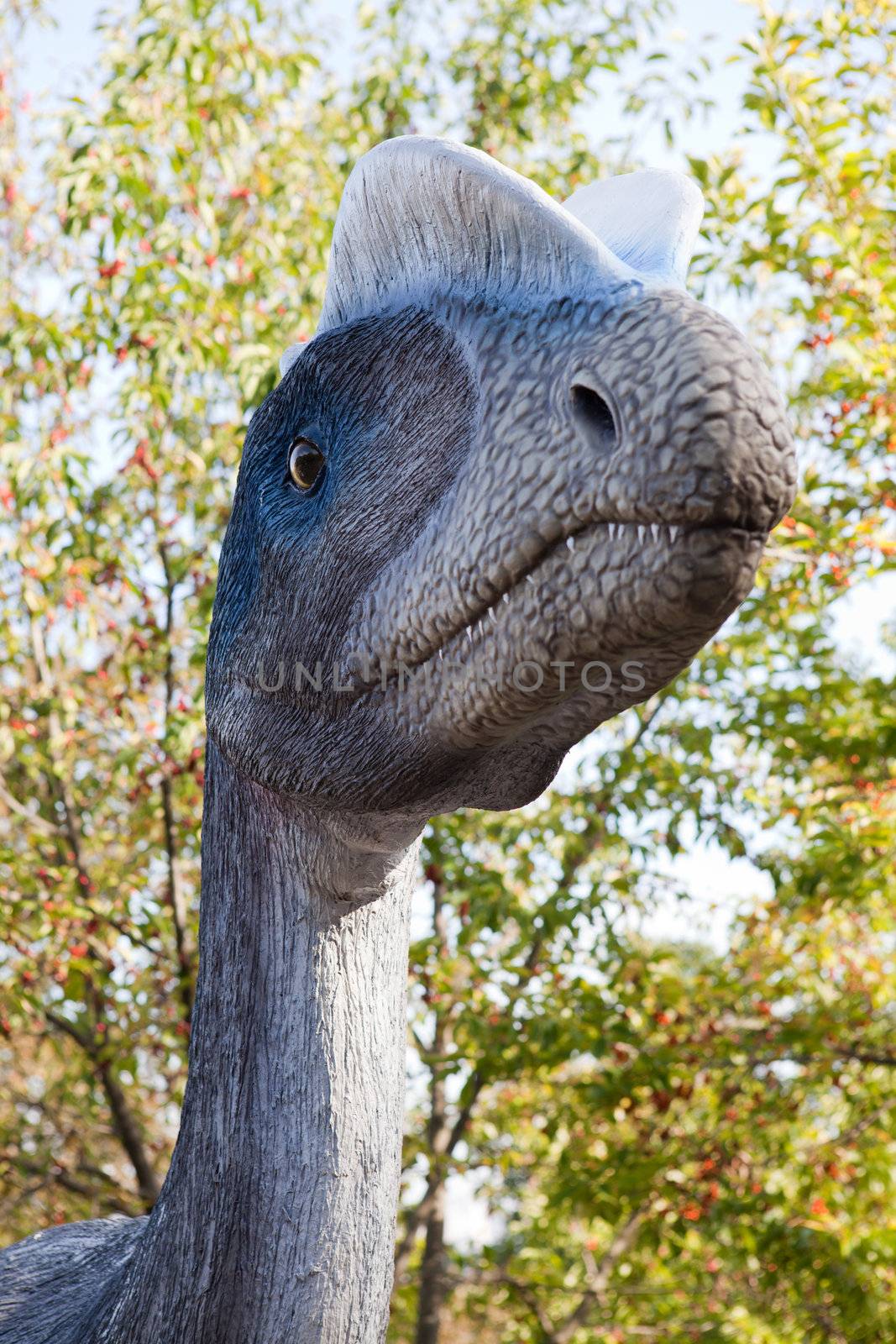 Head of reptile theropod dinosaur dilophosaurus  from Sinemurian stage of Early Jurassic Period with pair of rounded crests on its skull on green leaves and sky background