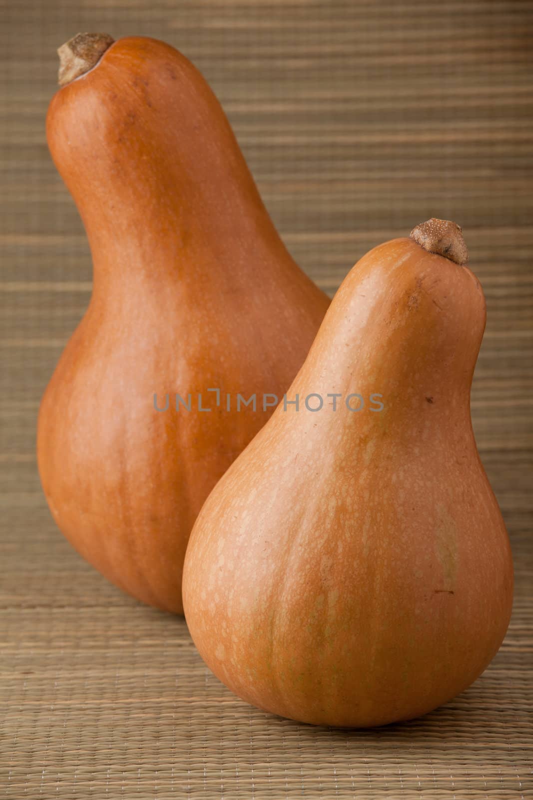 Group of ripe orange gourds on rural straw woven surface and stripy background