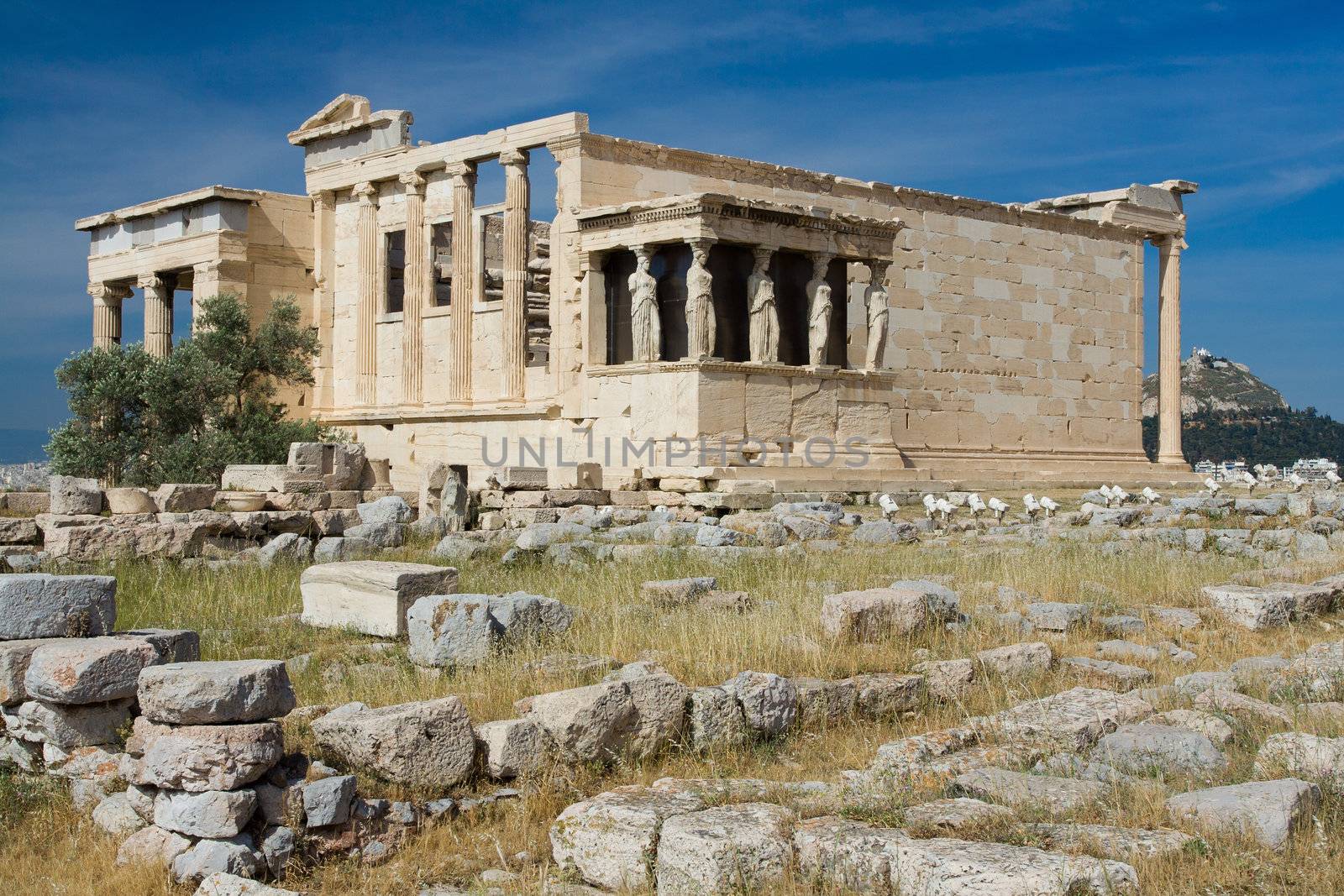 Ancient Temple Erechtheion and The Porch of the Caryatids in Acropolis Athens Greece on blue sky background