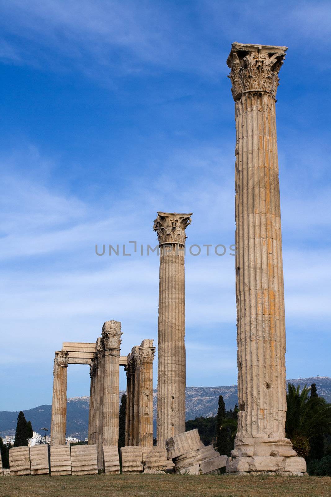 Columns of Ancient Temple of Olympian Zeus in Athens Greece on blue sky background