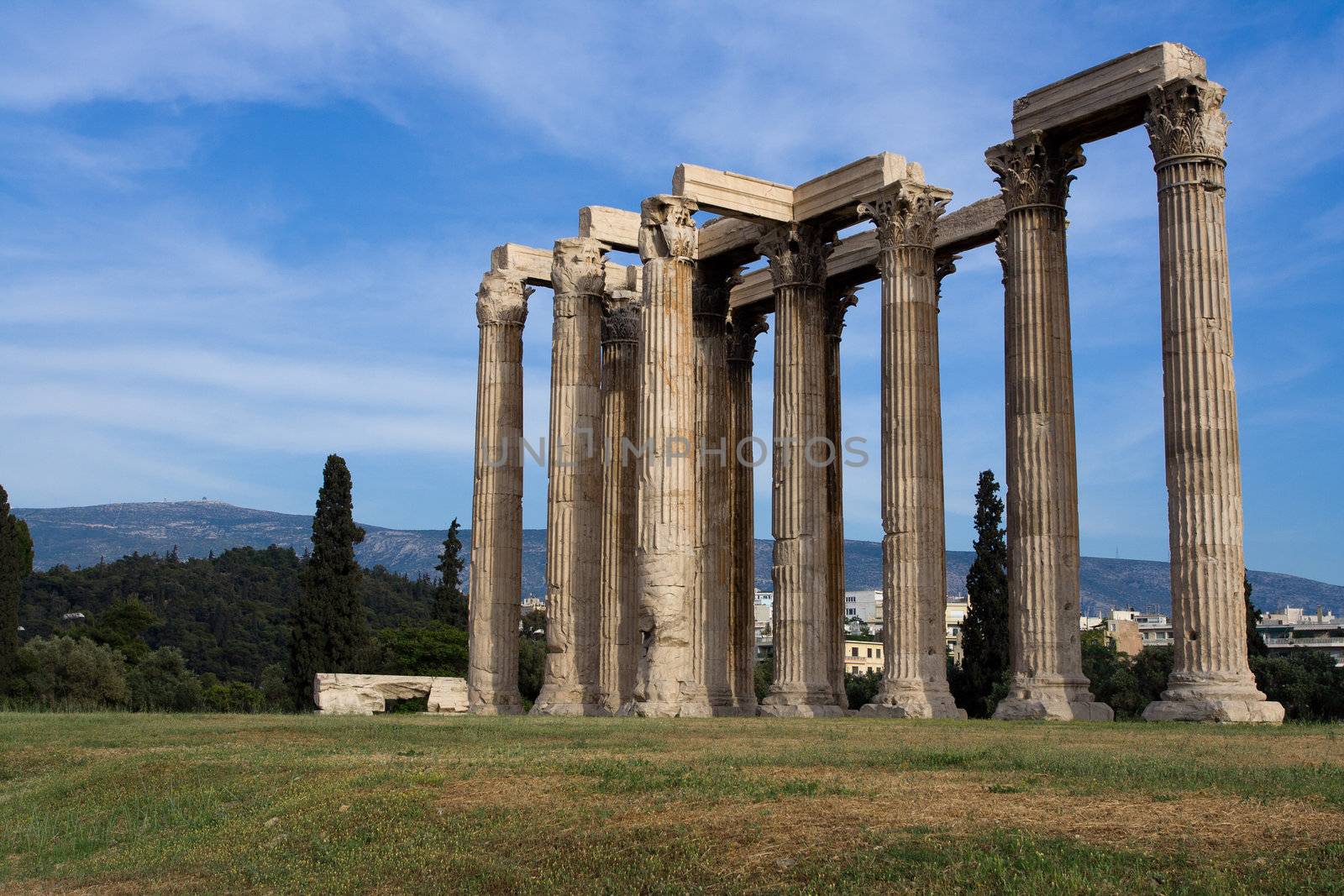 Close-up columns of Ancient Temple of Olympian Zeus in Athens Greece on blue sky background