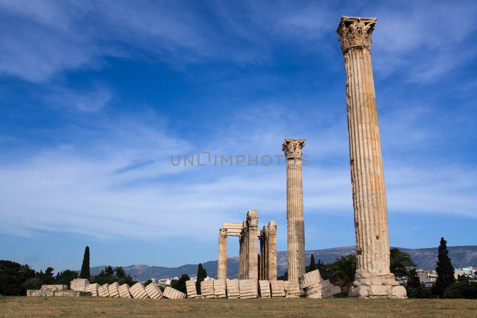 Columns of Ancient Temple of Olympian Zeus in Athens Greece on blue sky background