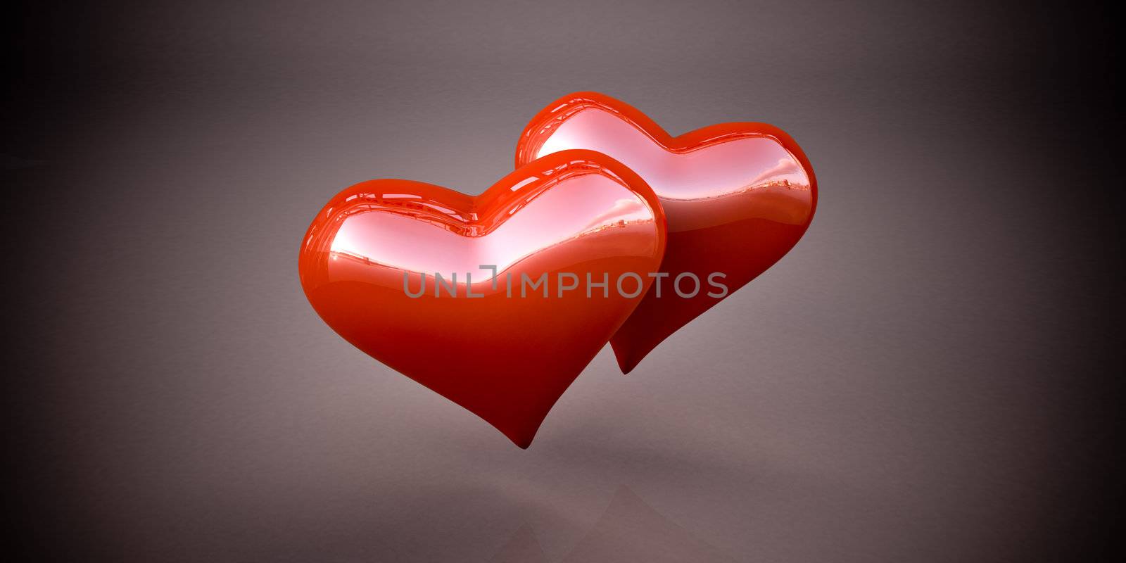 Shiny red hearts on a dark gray background, vignetting